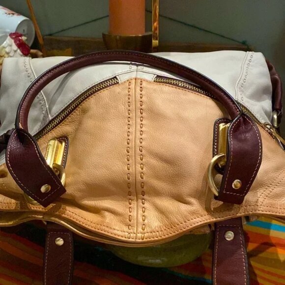 B Makowsky Cream/Brown/Caramel Smooth Leather Large Tote Shoulder Bag EUC - Picture 5 of 17